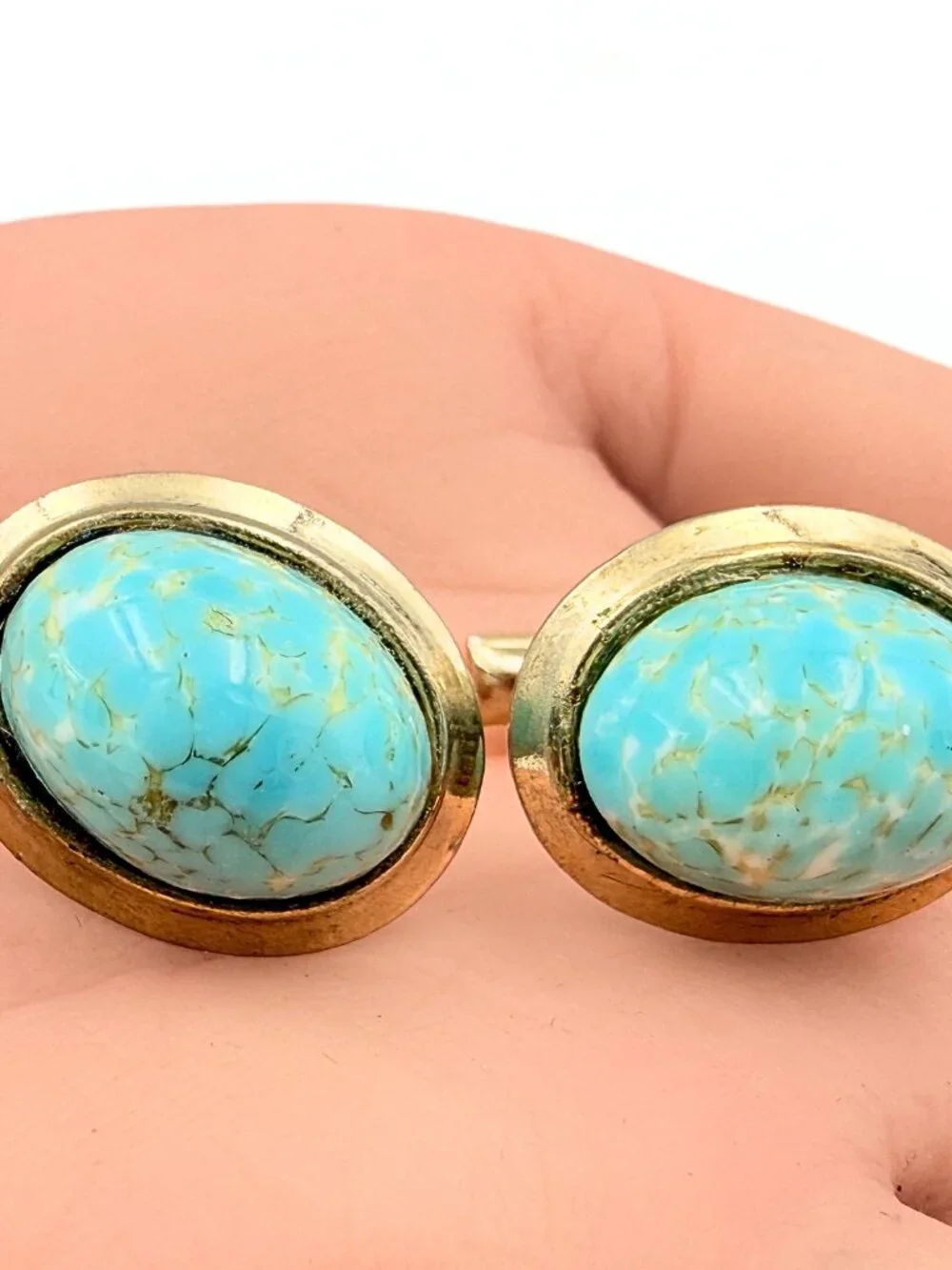 Minimalist Peking Glass Turquoise Cab Gold Plated MCM Cufflinks